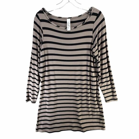 Yala T-Shirt Dress Womens M Beige Black Striped Bamboo Viscose Soft Comfort - Picture 2 of 14